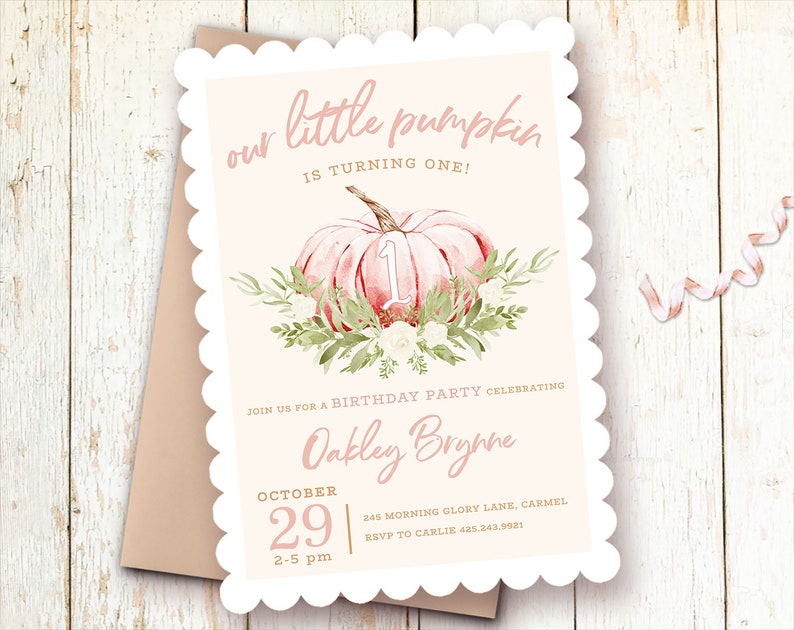 Pumpkin Birthday Invitations Girl, Pink Pumpkin Fall Birthday Invitations, 1st Birthday Invitations, Girl, Autumn Birthday, Blush, Printed image 1