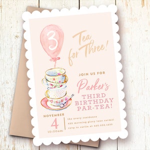 Tea for Three Birthday Invitations, Teacups Invitation, Birthday Tea Party, Blush, Pink, Three Year Birthday Invitations, Let's Partea image 1