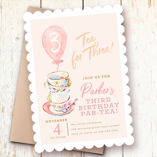 Tea for Three Birthday Invitations, Teacups Invitation, Birthday Tea Party, Blush, Pink, Three Year Birthday Invitations, Let's Partea!