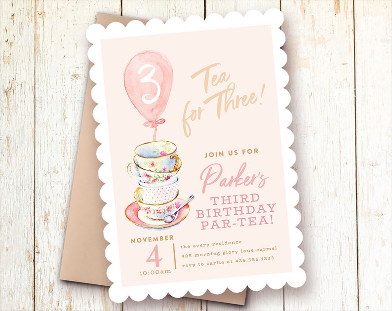 Tea for Three Birthday Invitations, Teacups Invitation, Birthday Tea Party, Blush, Pink, Three Year Birthday Invitations, Let's Partea image 1