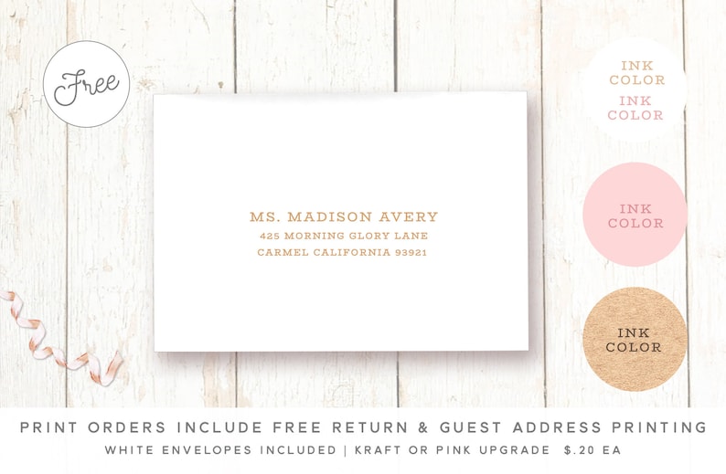 Op de afbeelding: Een witte envelop met een gedrukt adreslabel voor mevrouw Madison Avery, 425 Morning Glory Lane, Carmel Californi&euml; 93921. De tekst is in lichtbruine kleur. De afbeelding toont ook drie cirkels met de tekst "INK COLOR" erop. De cirkels zijn roze, bruin en wit.