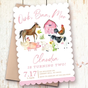 Farm Birthday Invitations Girl, Pink, Barn Animals, Barnyard Invite, Cow, Sheep, Chicken, Pig, Rooster, Printed, Printable