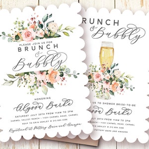 Brunch & Bubbly Bridal Shower Invitations, Blush Floral Bridal Shower Invitations, Pink, Peach Floral Invite, Bridal Brunch, Printed