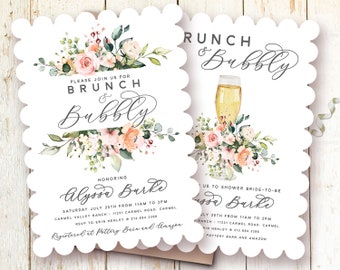 Brunch & Bubbly Bridal Shower Invitations, Blush Floral Bridal Shower Invitations, Pink, Peach Floral Invite, Bridal Brunch, Printed