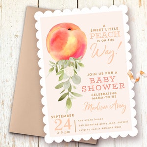 Peach Baby Shower Invitations, Little Peach is On the Way, Peach Greenery Baby Shower Invitations, Peach Theme Baby Shower, Sweet as a Peach
