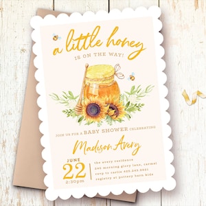 Honey Baby Shower Invitations, Little Honey On the Way, Honey Theme Baby Shower, Bee Invitations, Sunflowers, Printed, Printable