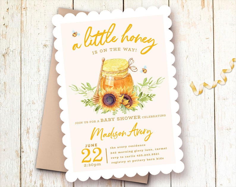 Honey Baby Shower Invitations, Little Honey On the Way, Honey Theme Baby Shower, Bee Invitations, Sunflowers, Printed, Printable 