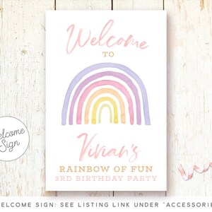 May include: Welcome sign for a 3rd birthday party with a rainbow design and the text "Welcome to Vivian's Rainbow of Fun 3rd Birthday Party".