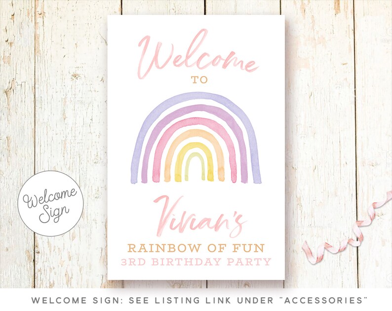 May include: Welcome sign for a 3rd birthday party with a rainbow design and the text "Welcome to Vivian's Rainbow of Fun 3rd Birthday Party".