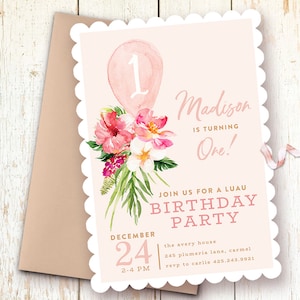 Luau Girl Birthday Invitation, 1st Birthday Invitations Girl, One Year Girl, First Birthday Party, Luau, Tropical Party, Printed or Template