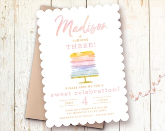 Rainbow Birthday Invitation, Pastel Birthday Invite, Pastel Cake, Rainbow Cake, Pastels Birthday Party, Printed, Sweet Celebration, Modern