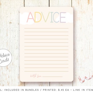 Op de afbeelding: Een printbare advieskaart met een roze, gele, blauwe en groene kleurschema. De kaart heeft het woord "ADVICE" in grote letters bovenaan en een geregeerd gedeelte om advies te schrijven. De kaart heeft ook de tekst "With Love..." onderaan.