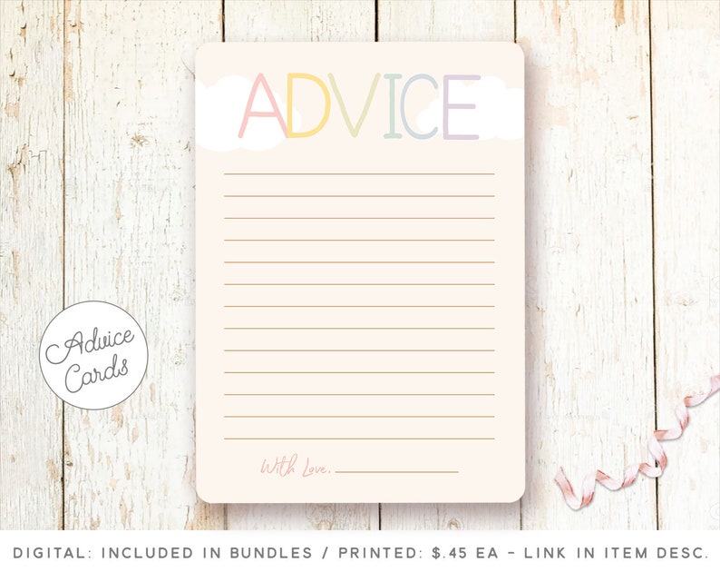 Op de afbeelding: Een printbare advieskaart met een roze, gele, blauwe en groene kleurschema. De kaart heeft het woord "ADVICE" in grote letters bovenaan en een geregeerd gedeelte om advies te schrijven. De kaart heeft ook de tekst "With Love..." onderaan.