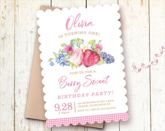 Farmer's Market Birthday Invitations, 1st Birthday Invitations Girl, Berry Sweet Birthday, Strawberry, Raspberry, Blueberry, Blackberry