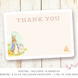 May include: A pink thank you card with a watercolor illustration of Peter Rabbit in a blue jacket standing in a garden with a butterfly. The text "THANK YOU" is printed in pink at the top of the card.
