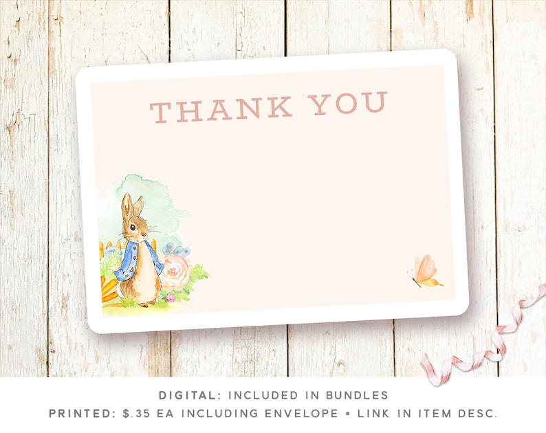 May include: A pink thank you card with a watercolor illustration of Peter Rabbit in a blue jacket standing in a garden with a butterfly. The text "THANK YOU" is printed in pink at the top of the card.