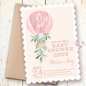 Baby Shower Invitations, Baby Girl Shower Invitations, Hot Air Balloon, Blush Baby Shower Invitations, Pink Greenery Baby Shower, Up Up Away