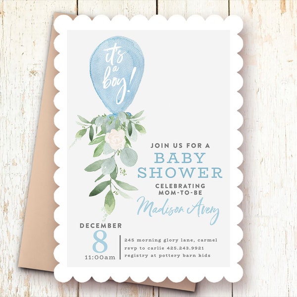 Baby Shower Invitations, Baby Boy Shower Invitations, Blue Balloon, Boy Greenery Baby Shower, It's a Boy Invite, Blue Grey Baby Shower