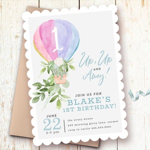 Hot Air Balloon Birthday Invitation Boy, 1st Birthday Invitations Boy, One Year Boy Birthday Invitations, Jewel Tones, Rainbow Balloon