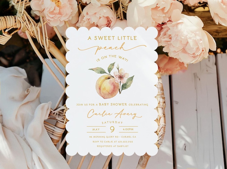 Peach Baby Shower Invitation • Watercolor • Vintage • Sweet as a Peach • Georgia Peach • PRINTED or DIGITAL image 1