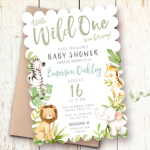 Safari Baby Shower Invitations, Wild One, Jungle Baby Shower Invites, Elephant, Lion, Zebra, Giraffe, Whimsical, Printed, Printable, Animal