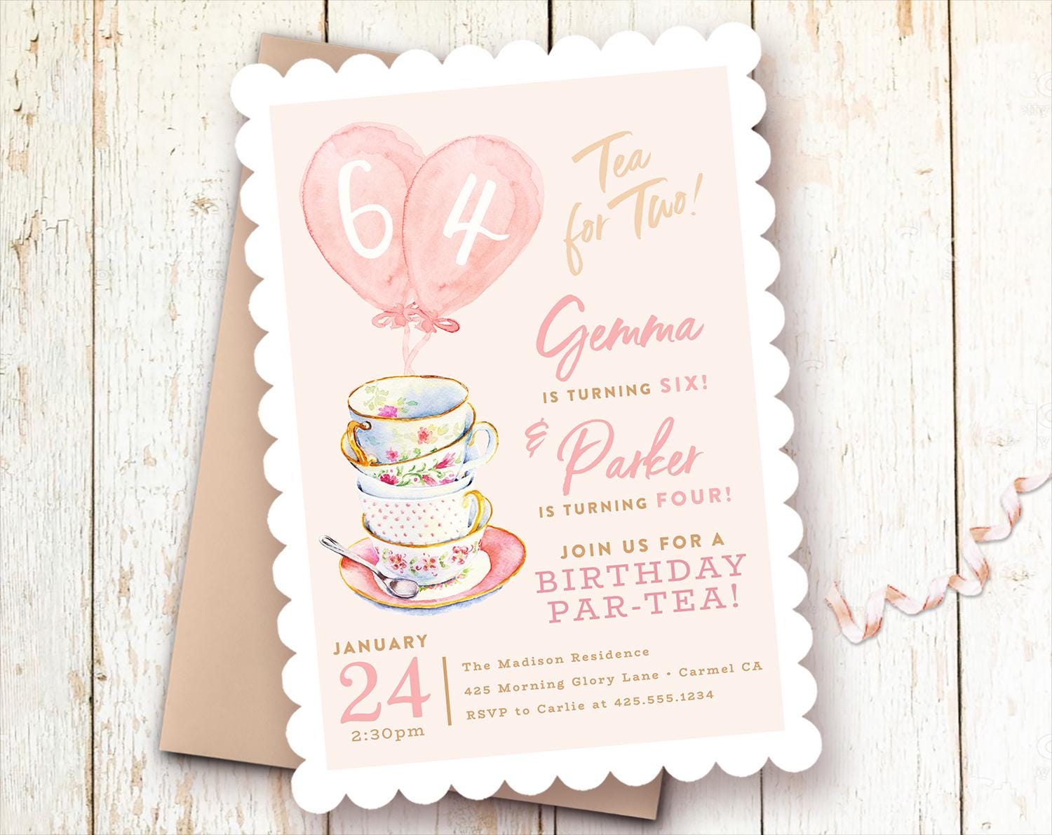Tea for Two Joint Birthday Party Invitations, Tea Party Girls, Teacups  Invitation, Tea Party Invites, Pink, Two Girls, Printed or Template - Etsy, image size:1500x1191