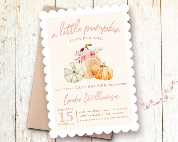 Pumpkin Baby Shower Invitations Girl, Autumn Baby Shower Invitations, Fall Baby Shower Girl Invite, Pumpkins