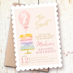 Second Birthday Invitation, Two Sweet Birthday Invitation, 2nd Birthday, Blush, Pink, Two Year Birthday Invitations, Pastels, Template