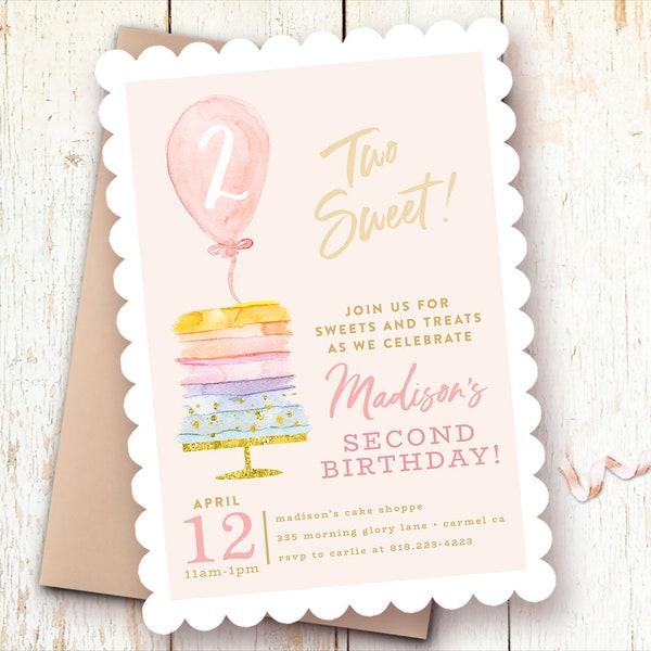 Second Birthday Invitation, Two Sweet Birthday Invitation, 2nd Birthday, Blush, Pink, Two Year Birthday Invitations, Pastels, Rainbow Invite