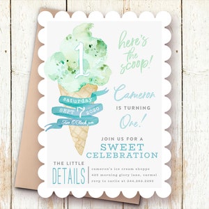 May include: A light blue and green watercolor illustration of an ice cream cone with the number one on top. The text "here's the scoop!" is written above the cone. The text "Cameron is turning One!" is written below the cone. The text "Saturday Sept 7 2020 Two O'Clock pm" is written on a blue ribbon wrapped around the cone. The text "The Little Details" is written in the bottom left corner of the invitation. The text "Cameron's Ice Cream Shoppe 425 Morning Glory Lane, Carmel RSVP to Carlie at 244.262.2305" is written in the bottom right corner of the invitation.
