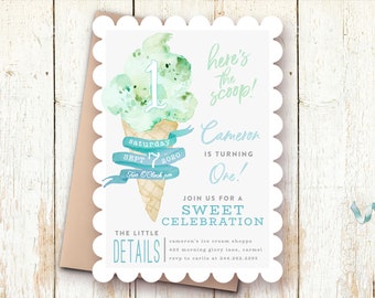 Ice Cream Party Invitation Boy, Here's the Scoop, First Birthday Invitations Boy, One Year Boy Birthday Invitations, Blue, Green, Mint