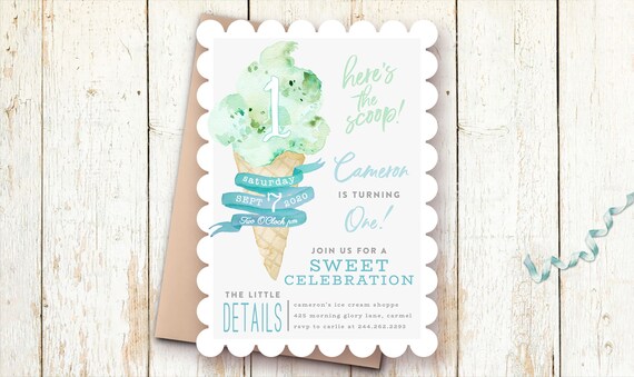 Ice Cream Party Invitation Boy, Here's the Scoop, First Birthday Invitations Boy, One Year Boy Birthday Invitations, Blue, Green, Mint
