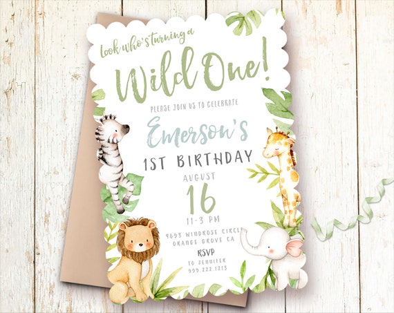 Wild One Birthday Invitations, Safari Animals, Boy, Lion, Giraffe, Zebra, Elephant, One Year Birthday Invites, First Birthday, 1st Birthday