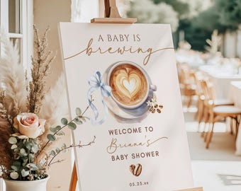 Baby is Brewing Boy Welcome Sign • Blue Ribbon • Coffee Theme • Latte • PRINTED or DIGITAL