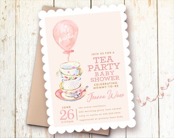 Tea Party Baby Shower Invitations, Baby Girl Shower Invitations, Balloon, Blush Baby Shower Invitations, Pink Greenery Baby Shower, Invite