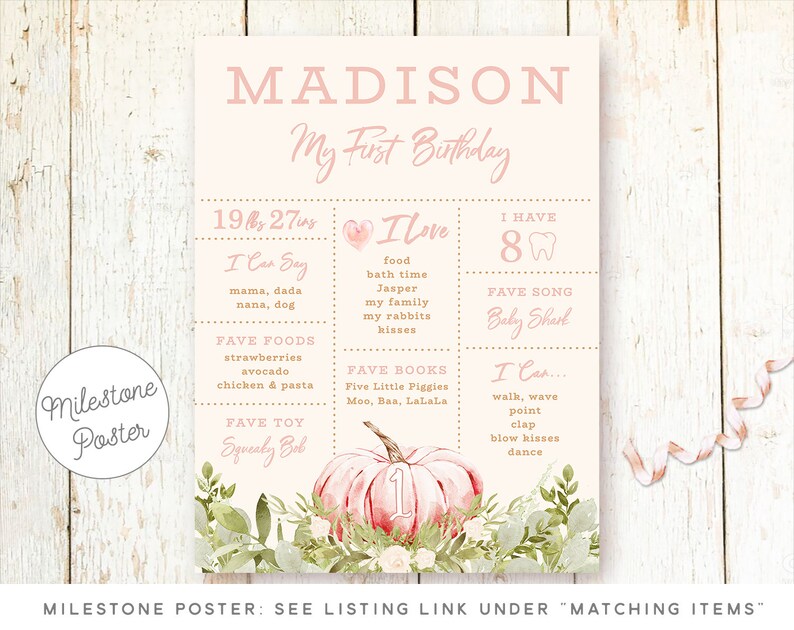 Pumpkin Birthday Invitations Girl, Pink Pumpkin Fall Birthday Invitations, 1st Birthday Invitations, Girl, Autumn Birthday, Blush, Printed image 8
