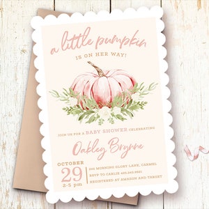 Pink Pumpkin Girl Baby Shower Invitations, Little Pumpkin is On the Way, Fall Pumpkin Baby Shower Girl, Autumn Baby Shower Invitations Girl