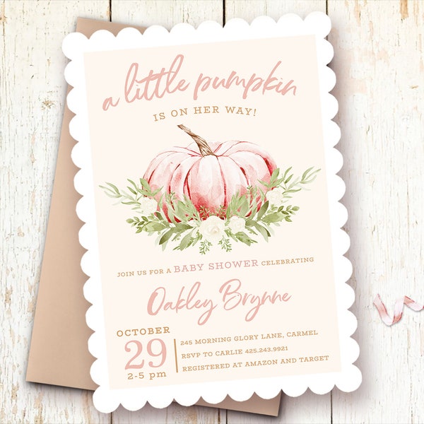 Pink Pumpkin Girl Baby Shower Invitations, Little Pumpkin is On the Way, Fall Pumpkin Baby Shower Girl, Autumn Baby Shower Invitations Girl