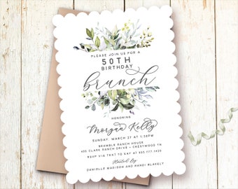 Elegant Brunch Invitations, 50th Birthday Brunch, Greenery Brunch Invitations, Modern Birthday Invitations, 60th, 70th, 80th, Rustic, Dinner