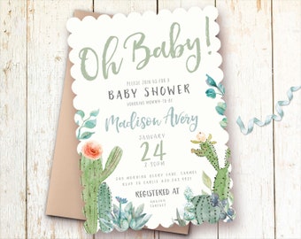 Cactus Baby Shower Invitations, Desert Baby Shower Invitations, Succulent, Gender Neutral, Oh Baby!, Cactus Flower, Desert Flower, Whimsical