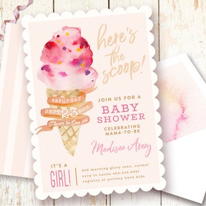 Ice Cream Baby Shower Invitations, Here's the Scoop, It's a Girl, Ice Cream Cone Watercolor Invitation, Girl Baby Shower, Pink Ice Cream