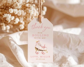 Étiquettes de remerciement pour patins à roulettes • « Merci d'avoir roulé avec moi » • Étiquettes de cadeau de skate rose pâle • Étiquettes personnalisées pour cadeaux d'anniversaire