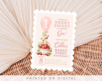 Strawberry Berry First Birthday Invitations, Blush, Pink, One Year Birthday Invite