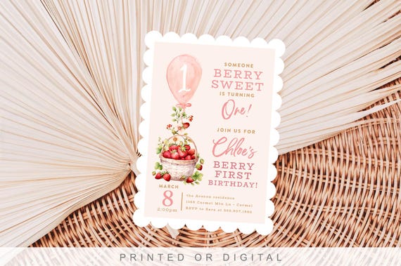 Strawberry Berry First Birthday Invitations, Blush, Pink, One Year Birthday Invite
