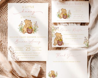 Winnie the Pooh Little Hunny Baby Shower Invitation • Girl • Honey Invite • Blush Pink •   Phone • Text • Evite • Editable