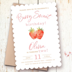 Strawberry Birthday Invitations, Strawberries Birthday Invitations Girl, 2nd Birthday, 3rd, Berry Sweet Birthday Invite, Strawberry Party