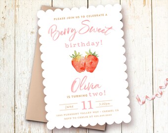 Strawberry Birthday Invitations, Strawberries Birthday Invitations Girl, 2nd Birthday, 3rd, Berry Sweet Birthday Invite, Strawberry Party
