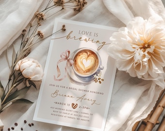 Baby Is Brewing Baby Girl Shower Invitation • Blush Pink Ribbon • Coffee • Latte Invite • PRINTED or DIGITAL
