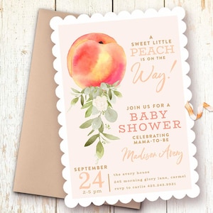 Peach Baby Shower Invitations, Sweet Little Peach, Fruit Theme, Sprinkle, Brunch, Printed or Digital