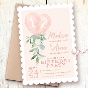 Joint Birthday Invitation, 1st Birthday Invitations, Twin Girl Birthday Invitations, First Birthday Party, Balloon, Greenery, Blush, Twins